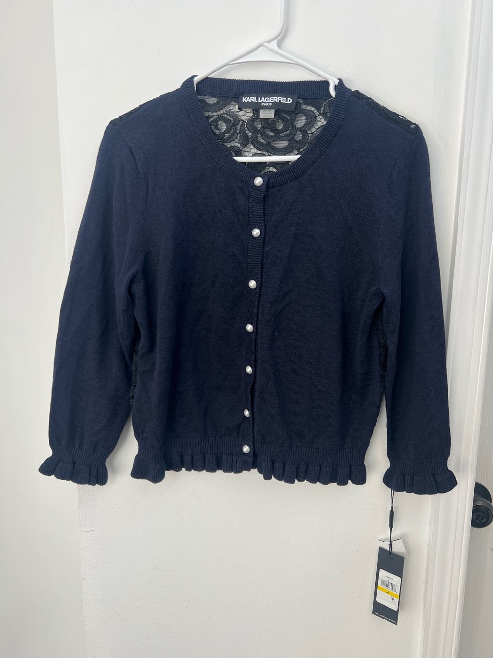 NWT Karl Lagerfeld Cardigan Sweater Pearl Buttons Lace blue Cropped